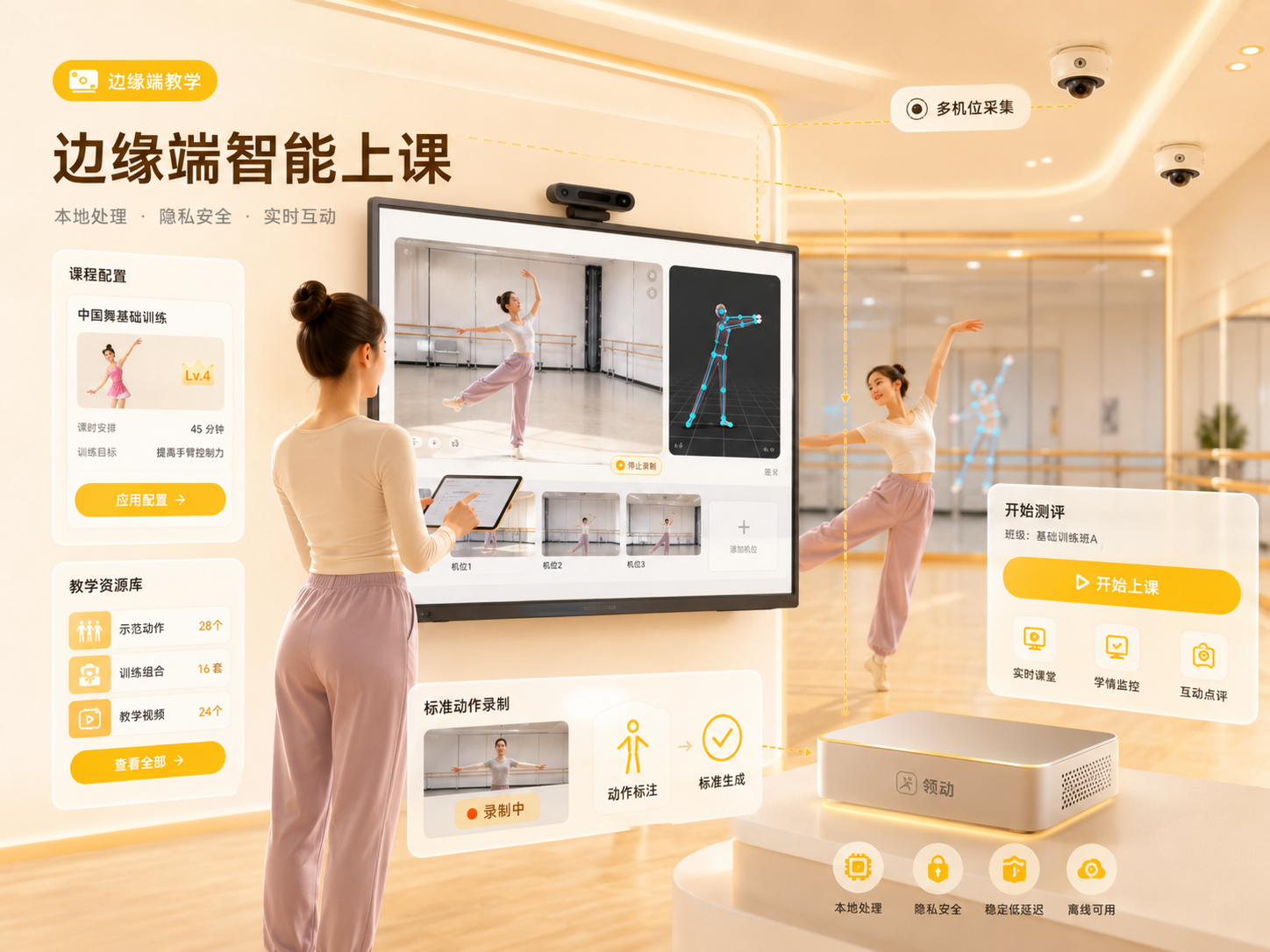 边缘端智能上课插图：多机位采集、标准动作录制和大屏课堂控制
